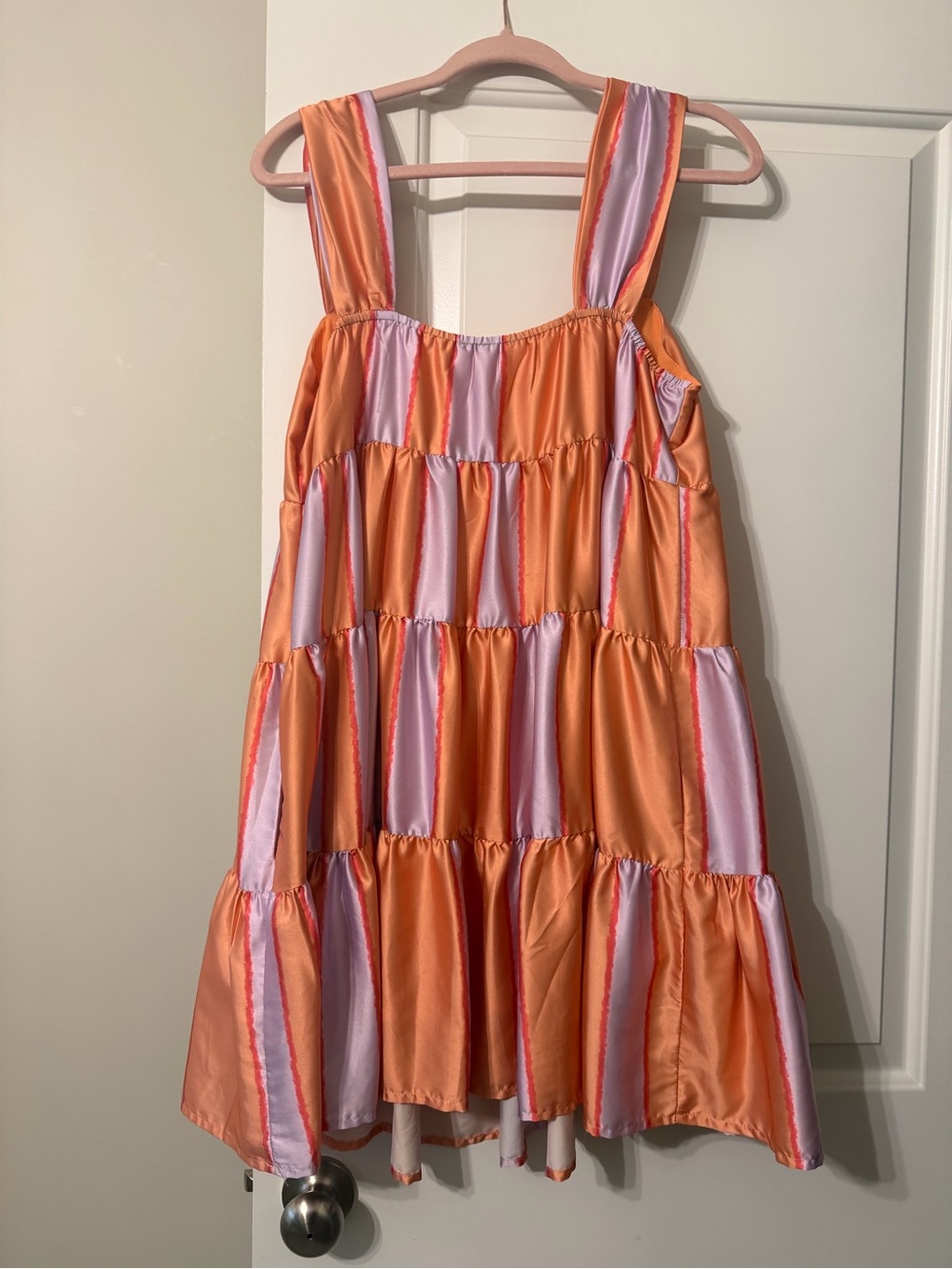 entro Satin Tiered Dress in Orange & Lavender Panels